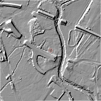 Shaded relief map of the ground around GL12FA, computed from Environment Agency LiDAR. The ground here sits at about 10 m above sea level and falls 10 m across the surrounding 800 m. Surface water reaching this point runs off ground lying to the south-east, 4.8 m higher.