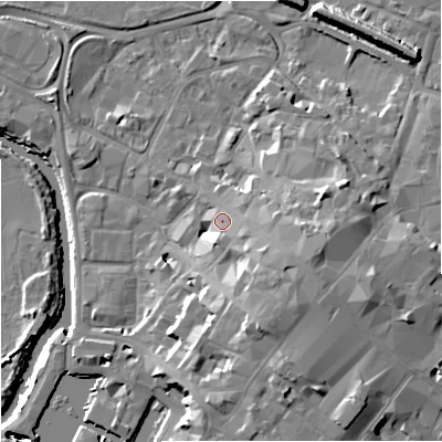 Shaded relief map of the ground around GL12HY, computed from Environment Agency LiDAR. The ground here sits at about 15 m above sea level and falls 15 m across the surrounding 800 m. Surface water reaching this point runs off ground lying to the south-east, 6.3 m higher.