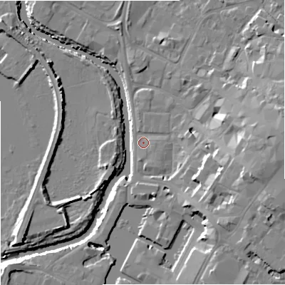 Shaded relief map of the ground around GL12JN, computed from Environment Agency LiDAR. The ground here sits at about 11 m above sea level and falls 15 m across the surrounding 800 m. Surface water reaching this point runs off ground lying to the east-south-east, 11.6 m higher.