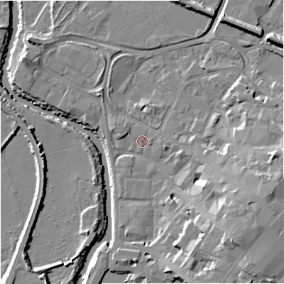 Shaded relief map of the ground around GL12LW, computed from Environment Agency LiDAR. The ground here sits at about 11 m above sea level and falls 15 m across the surrounding 800 m. Surface water reaching this point runs off ground lying to the south-east, 11.0 m higher.