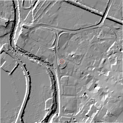 Shaded relief map of the ground around GL12PB, computed from Environment Agency LiDAR. The ground here sits at about 11 m above sea level and falls 15 m across the surrounding 800 m. Surface water reaching this point runs off ground lying to the east-north-east, 1.7 m higher.