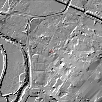 Shaded relief map of the ground around GL12PG, computed from Environment Agency LiDAR. The ground here sits at about 12 m above sea level and falls 15 m across the surrounding 800 m. Surface water reaching this point runs off ground lying to the east-south-east, 8.2 m higher.