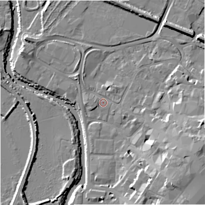 Shaded relief map of the ground around GL12PH, computed from Environment Agency LiDAR. The ground here sits at about 11 m above sea level and falls 15 m across the surrounding 800 m. Surface water reaching this point runs off ground lying to the north-east, 1.4 m higher.