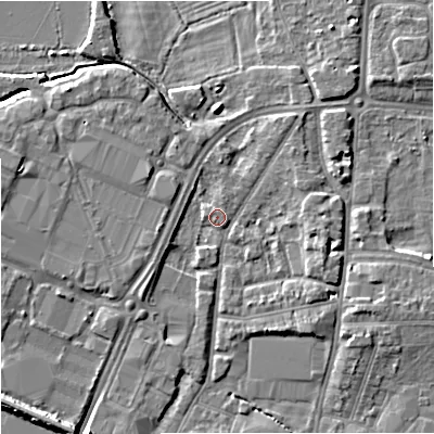 Shaded relief map of the ground around GL12PS, computed from Environment Agency LiDAR. The ground here sits at about 11 m above sea level and falls 6 m across the surrounding 800 m. Surface water reaching this point runs off ground lying to the north-east, 2.8 m higher.