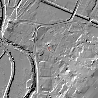 Shaded relief map of the ground around GL12PU, computed from Environment Agency LiDAR. The ground here sits at about 11 m above sea level and falls 15 m across the surrounding 800 m. Surface water reaching this point runs off ground lying to the north-north-east, 1.3 m higher.