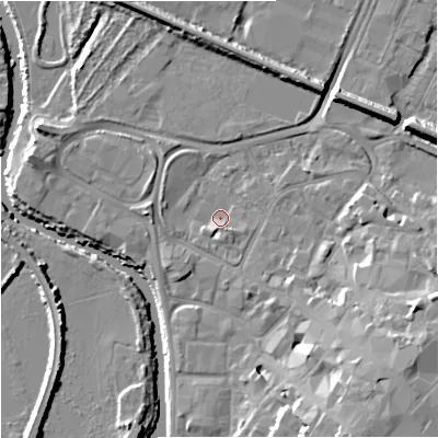 Shaded relief map of the ground around GL12PW, computed from Environment Agency LiDAR. The ground here sits at about 11 m above sea level and falls 14 m across the surrounding 800 m. Surface water reaching this point runs off ground lying to the south-east, 9.9 m higher.
