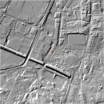 Shaded relief map of the ground around GL12PX, computed from Environment Agency LiDAR. The ground here sits at about 11 m above sea level and falls 9 m across the surrounding 800 m. Surface water reaching this point runs off ground lying to the south-east, 8.2 m higher.