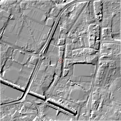 Shaded relief map of the ground around GL12PY, computed from Environment Agency LiDAR. The ground here sits at about 11 m above sea level and falls 9 m across the surrounding 800 m. Surface water reaching this point runs off ground lying to the east-north-east, 3.6 m higher.