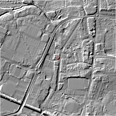 Shaded relief map of the ground around GL12PZ, computed from Environment Agency LiDAR. The ground here sits at about 11 m above sea level and falls 8 m across the surrounding 800 m. Surface water reaching this point runs off ground lying to the north-north-east, 2.8 m higher.