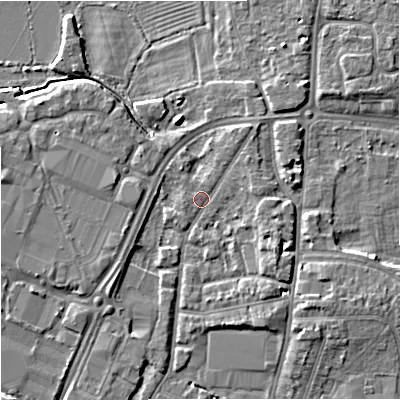 Shaded relief map of the ground around GL12QA, computed from Environment Agency LiDAR. The ground here sits at about 11 m above sea level and falls 6 m across the surrounding 800 m. Surface water reaching this point runs off ground lying to the north-north-east, 1.9 m higher.