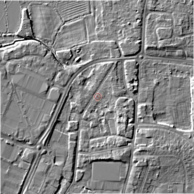 Shaded relief map of the ground around GL12QD, computed from Environment Agency LiDAR. The ground here sits at about 11 m above sea level and falls 6 m across the surrounding 800 m. Surface water reaching this point runs off ground lying to the north-north-east, 1.7 m higher.