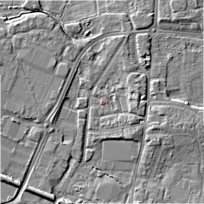 Shaded relief map of the ground around GL12QE, computed from Environment Agency LiDAR. The ground here sits at about 12 m above sea level and falls 8 m across the surrounding 800 m. Surface water reaching this point runs off ground lying to the east, 3.0 m higher.