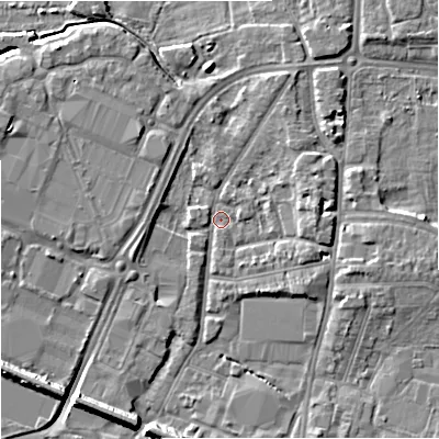Shaded relief map of the ground around GL12QF, computed from Environment Agency LiDAR. The ground here sits at about 11 m above sea level and falls 8 m across the surrounding 800 m. Surface water reaching this point runs off ground lying to the east, 3.3 m higher.