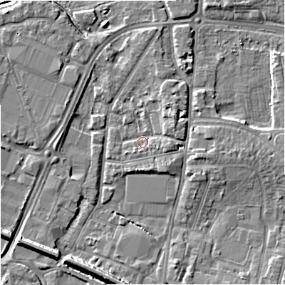 Shaded relief map of the ground around GL12QH, computed from Environment Agency LiDAR. The ground here sits at about 11 m above sea level and falls 9 m across the surrounding 800 m. Surface water reaching this point runs off ground lying to the east-north-east, 2.8 m higher.