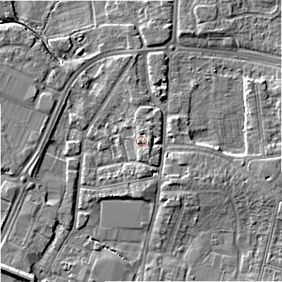 Shaded relief map of the ground around GL12QJ, computed from Environment Agency LiDAR. The ground here sits at about 13 m above sea level and falls 7 m across the surrounding 800 m. Surface water reaching this point runs off ground lying to the east, 1.6 m higher.