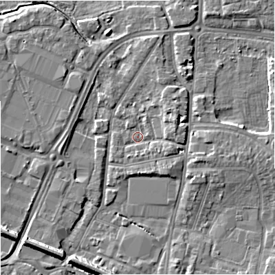 Shaded relief map of the ground around GL12QL, computed from Environment Agency LiDAR. The ground here sits at about 11 m above sea level and falls 8 m across the surrounding 800 m. Surface water reaching this point runs off ground lying to the east, 2.9 m higher.