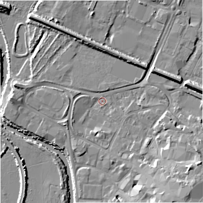 Shaded relief map of the ground around GL12RB, computed from Environment Agency LiDAR. The ground here sits at about 10 m above sea level and falls 14 m across the surrounding 800 m. Surface water reaching this point runs off ground lying to the south-east, 10.3 m higher.