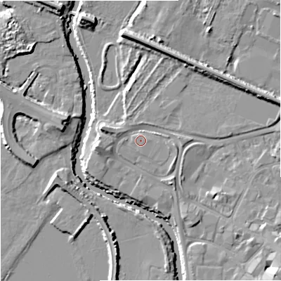 Shaded relief map of the ground around GL12RD, computed from Environment Agency LiDAR. The ground here sits at about 11 m above sea level and falls 10 m across the surrounding 800 m. Surface water reaching this point runs off ground lying to the west-north-west, 2.3 m higher.
