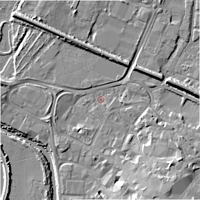Shaded relief map of the ground around GL12RE, computed from Environment Agency LiDAR. The ground here sits at about 10 m above sea level and falls 14 m across the surrounding 800 m. Surface water reaching this point runs off ground lying to the south-east, 10.0 m higher.
