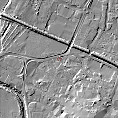 Shaded relief map of the ground around GL12RF, computed from Environment Agency LiDAR. The ground here sits at about 10 m above sea level and falls 14 m across the surrounding 800 m. Surface water reaching this point runs off ground lying to the south-south-east, 10.2 m higher.