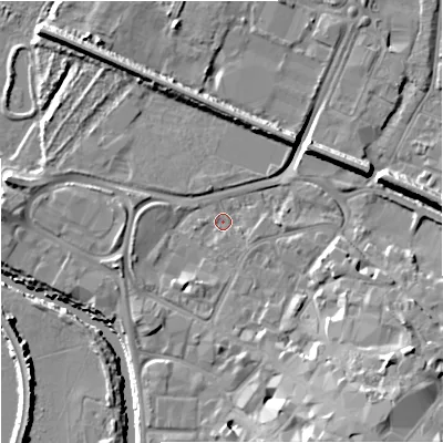 Shaded relief map of the ground around GL12RG, computed from Environment Agency LiDAR. The ground here sits at about 10 m above sea level and falls 14 m across the surrounding 800 m. Surface water reaching this point runs off ground lying to the south-east, 10.0 m higher.