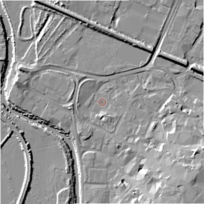 Shaded relief map of the ground around GL12RL, computed from Environment Agency LiDAR. The ground here sits at about 10 m above sea level and falls 14 m across the surrounding 800 m. Surface water reaching this point runs off ground lying to the south-east, 10.0 m higher.