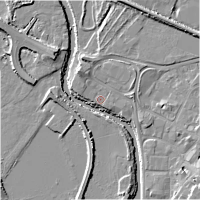Shaded relief map of the ground around GL12RN, computed from Environment Agency LiDAR. The ground here sits at about 11 m above sea level and falls 10 m across the surrounding 800 m. Surface water reaching this point runs off ground lying to the north-west, 3.2 m higher.
