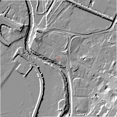 Shaded relief map of the ground around GL12RR, computed from Environment Agency LiDAR. The ground here sits at about 11 m above sea level and falls 13 m across the surrounding 800 m. Surface water reaching this point runs off ground lying to the east-north-east, 2.2 m higher.