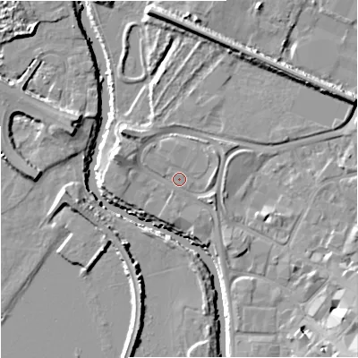 Shaded relief map of the ground around GL12RU, computed from Environment Agency LiDAR. The ground here sits at about 11 m above sea level and falls 12 m across the surrounding 800 m. Surface water reaching this point runs off ground lying to the north, 0.7 m higher.