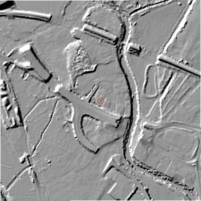 Shaded relief map of the ground around GL12RX, computed from Environment Agency LiDAR. The ground here sits at about 10 m above sea level and falls 14 m across the surrounding 800 m. Surface water reaching this point runs off ground lying to the south-south-east, 4.6 m higher.