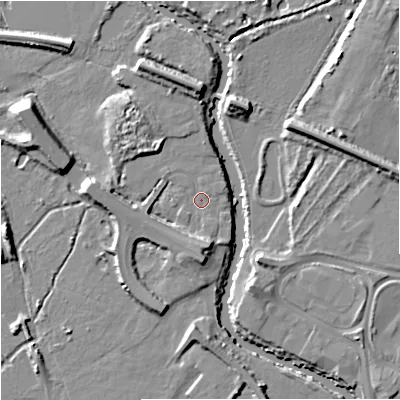 Shaded relief map of the ground around GL12RY, computed from Environment Agency LiDAR. The ground here sits at about 10 m above sea level and falls 9 m across the surrounding 800 m. Surface water reaching this point runs off ground lying to the south, 5.0 m higher.