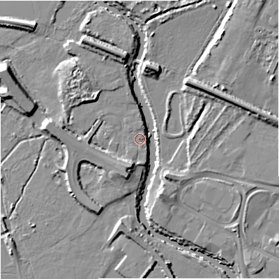 Shaded relief map of the ground around GL12RZ, computed from Environment Agency LiDAR. The ground here sits at about 10 m above sea level and falls 9 m across the surrounding 800 m. Surface water reaching this point runs off ground lying to the south-south-west, 6.1 m higher.
