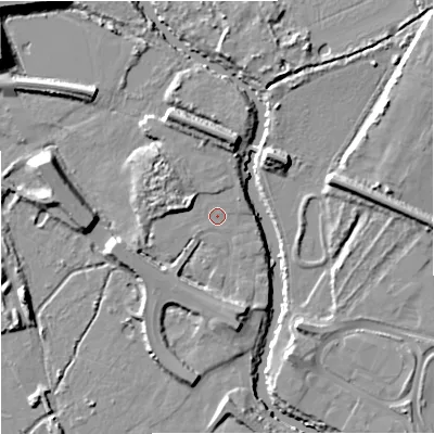 Shaded relief map of the ground around GL12SA, computed from Environment Agency LiDAR. The ground here sits at about 10 m above sea level and falls 13 m across the surrounding 800 m. Surface water reaching this point runs off ground lying to the west, 4.9 m higher.