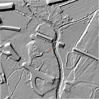 Shaded relief map of the ground around GL12SB, computed from Environment Agency LiDAR. The ground here sits at about 11 m above sea level and falls 13 m across the surrounding 800 m. Surface water reaching this point runs off ground lying to the north, 4.6 m higher.