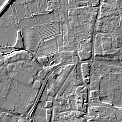 Shaded relief map of the ground around GL12SG, computed from Environment Agency LiDAR. The ground here sits at about 12 m above sea level and falls 6 m across the surrounding 800 m. Surface water reaching this point runs off ground lying to the east, 1.2 m higher.