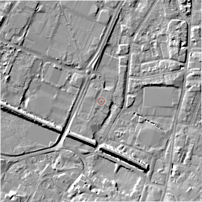 Shaded relief map of the ground around GL12SQ, computed from Environment Agency LiDAR. The ground here sits at about 11 m above sea level and falls 9 m across the surrounding 800 m. The ground contributing surface water to this point lies to the east-south-east.