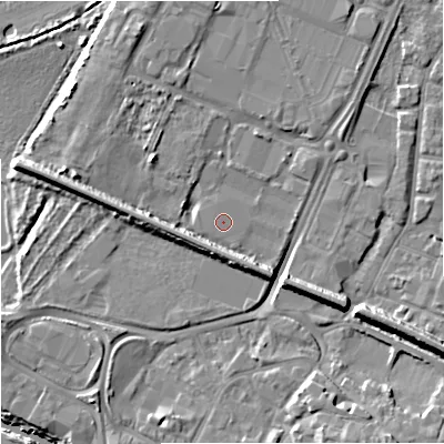 Shaded relief map of the ground around GL12SR, computed from Environment Agency LiDAR. The ground here sits at about 11 m above sea level and falls 11 m across the surrounding 800 m. The ground contributing surface water to this point lies to the north-north-west.
