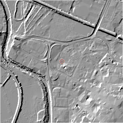 Shaded relief map of the ground around GL12SZ, computed from Environment Agency LiDAR. The ground here sits at about 10 m above sea level and falls 14 m across the surrounding 800 m. Surface water reaching this point runs off ground lying to the south-east, 10.0 m higher.