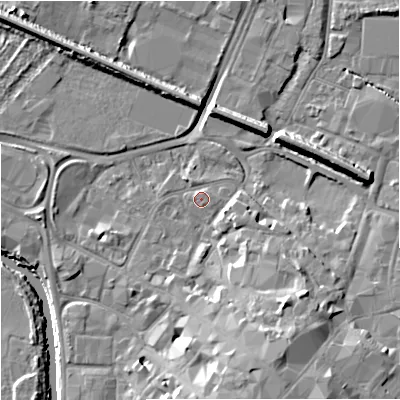 Shaded relief map of the ground around GL12TB, computed from Environment Agency LiDAR. The ground here sits at about 12 m above sea level and falls 14 m across the surrounding 800 m. Surface water reaching this point runs off ground lying to the north-north-east, 0.9 m higher.