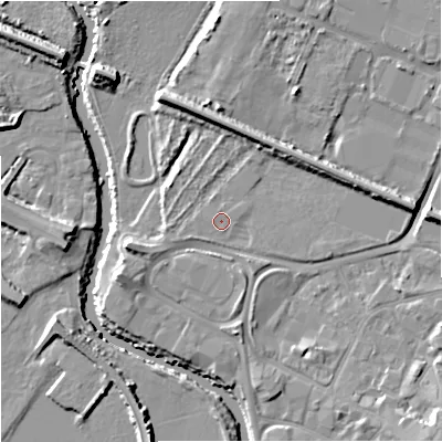 Shaded relief map of the ground around GL12TF, computed from Environment Agency LiDAR. The ground here sits at about 11 m above sea level and falls 9 m across the surrounding 800 m. The ground contributing surface water to this point lies to the east-north-east.