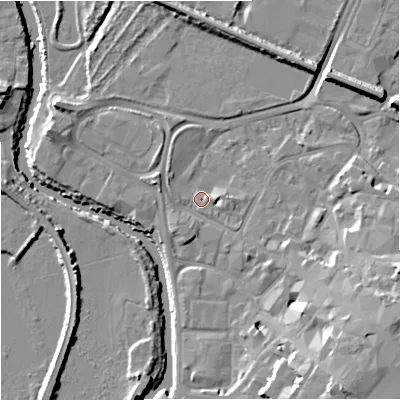 Shaded relief map of the ground around GL12TU, computed from Environment Agency LiDAR. The ground here sits at about 11 m above sea level and falls 15 m across the surrounding 800 m. Surface water reaching this point runs off ground lying to the south-east, 10.0 m higher.