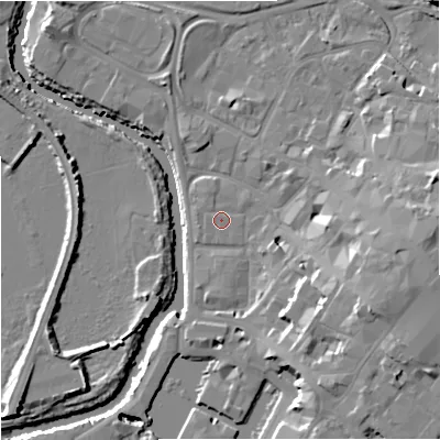 Shaded relief map of the ground around GL12TZ, computed from Environment Agency LiDAR. The ground here sits at about 11 m above sea level and falls 15 m across the surrounding 800 m. Surface water reaching this point runs off ground lying to the east, 0.9 m higher.