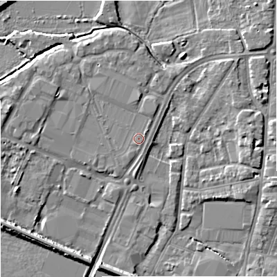 Shaded relief map of the ground around GL12UE, computed from Environment Agency LiDAR. The ground here sits at about 12 m above sea level and falls 7 m across the surrounding 800 m. Surface water reaching this point runs off ground lying to the south-south-east, 0.6 m higher.