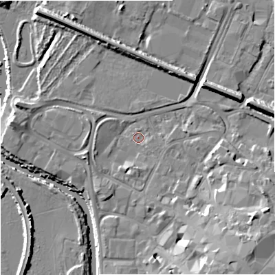 Shaded relief map of the ground around GL12UJ, computed from Environment Agency LiDAR. The ground here sits at about 10 m above sea level and falls 14 m across the surrounding 800 m. Surface water reaching this point runs off ground lying to the south-east, 10.0 m higher.