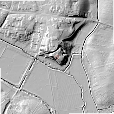 Shaded relief map of the ground around GL139BQ, computed from Environment Agency LiDAR. The ground here sits at about 20 m above sea level and falls 19 m across the surrounding 800 m. Surface water reaching this point runs off ground lying to the north, 8.0 m higher.