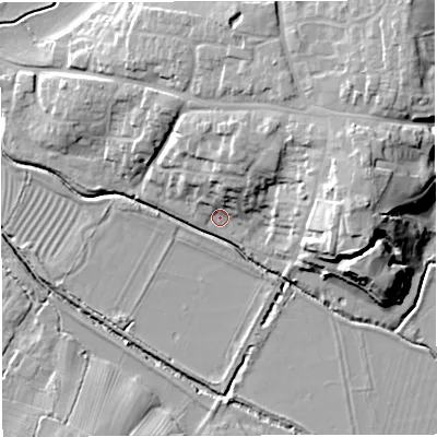 Shaded relief map of the ground around GL139BW, computed from Environment Agency LiDAR. The ground here sits at about 9 m above sea level and falls 19 m across the surrounding 800 m. Surface water reaching this point runs off ground lying to the north-north-east, 7.4 m higher.