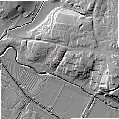 Shaded relief map of the ground around GL139BY, computed from Environment Agency LiDAR. The ground here sits at about 13 m above sea level and falls 19 m across the surrounding 800 m. Surface water reaching this point runs off ground lying to the east, 11.0 m higher.