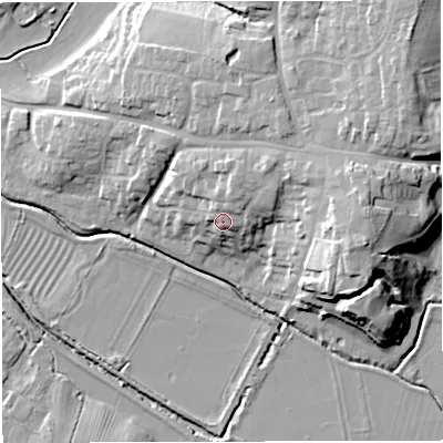 Shaded relief map of the ground around GL139DE, computed from Environment Agency LiDAR. The ground here sits at about 16 m above sea level and falls 20 m across the surrounding 800 m. Surface water reaching this point runs off ground lying to the north-north-east, 5.0 m higher.