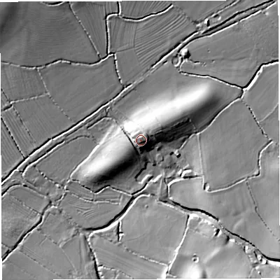 Shaded relief map of the ground around GL139DR, computed from Environment Agency LiDAR. The ground here sits at about 16 m above sea level and falls 22 m across the surrounding 800 m. Surface water reaching this point runs off ground lying to the north, 3.1 m higher.