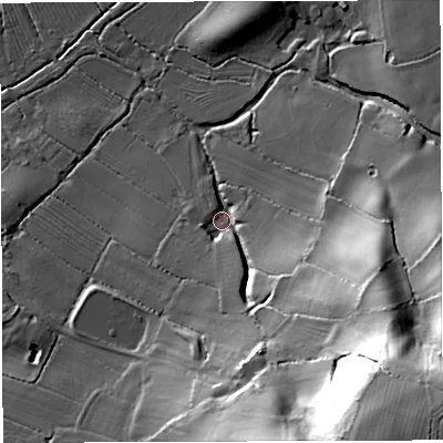 Shaded relief map of the ground around GL139DS, computed from Environment Agency LiDAR. The ground here sits at about 13 m above sea level and falls 58 m across the surrounding 800 m. Surface water reaching this point runs off ground lying to the south-east, 23.4 m higher.